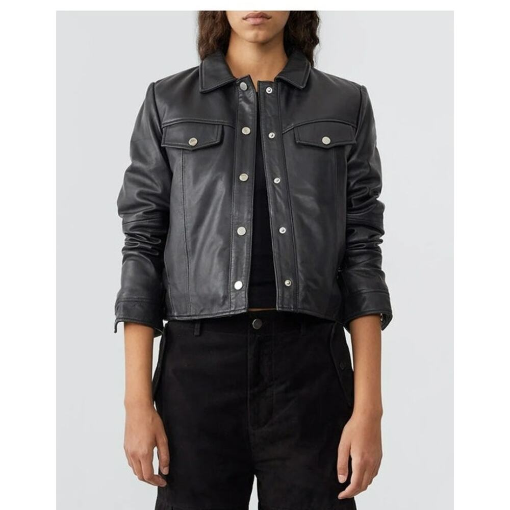 Deadwood 'Frankie' Lambskin Leather Trucker Jacket EU 38 Black Moto Cropped